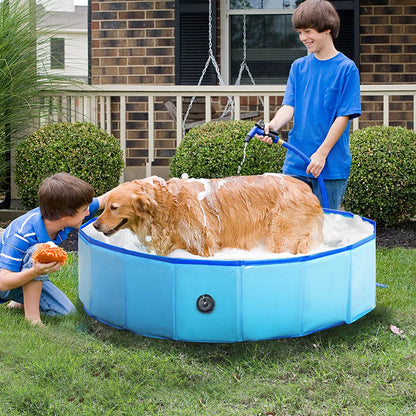 Purrfect Pet Haven Pet Outdoor Swimming Pool with golden retriever being rinsed by two boys in backyard