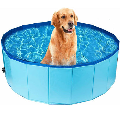 Golden retriever enjoying a blue foldable Pet Outdoor Swimming Pool by Purrfect Pet Haven for cooling off