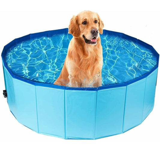 Golden retriever enjoying a blue foldable Pet Outdoor Swimming Pool by Purrfect Pet Haven for cooling off