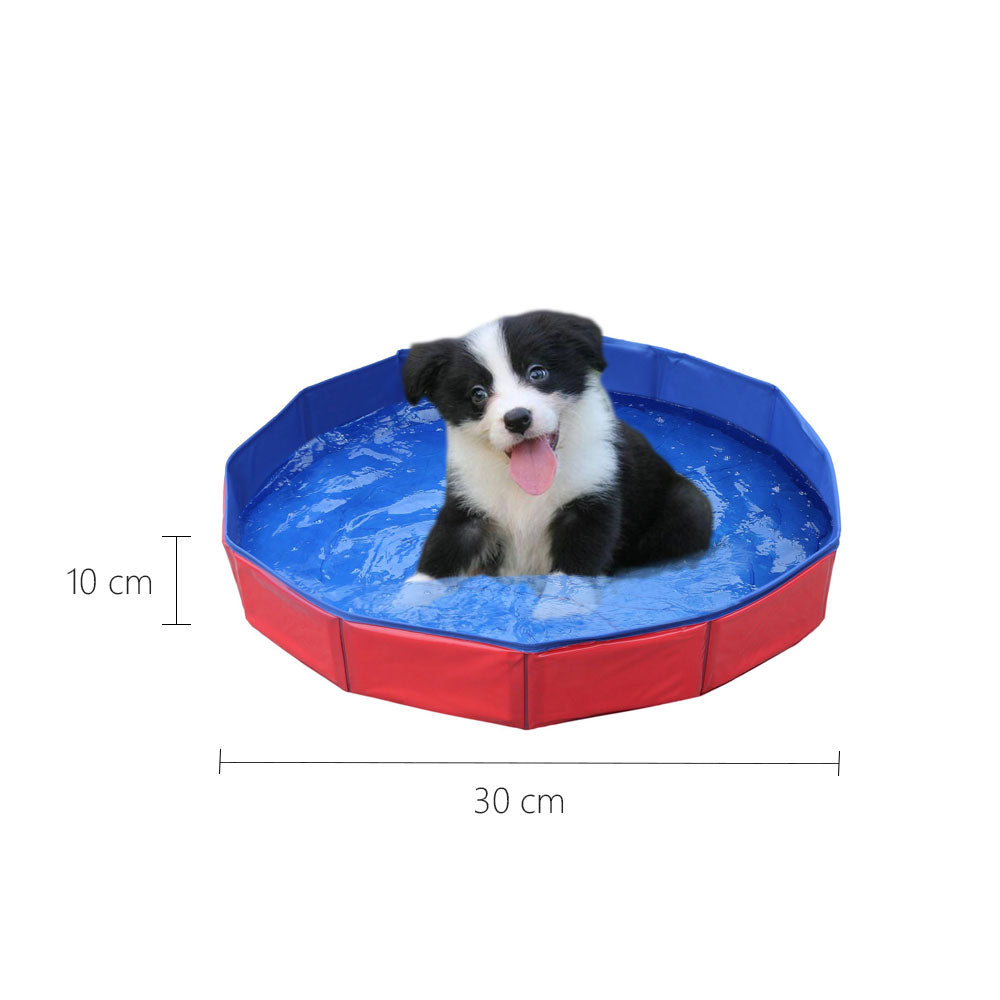 Purrfect Pet Haven Pet Outdoor Swimming Pool with red portable foldable pool and happy puppy inside