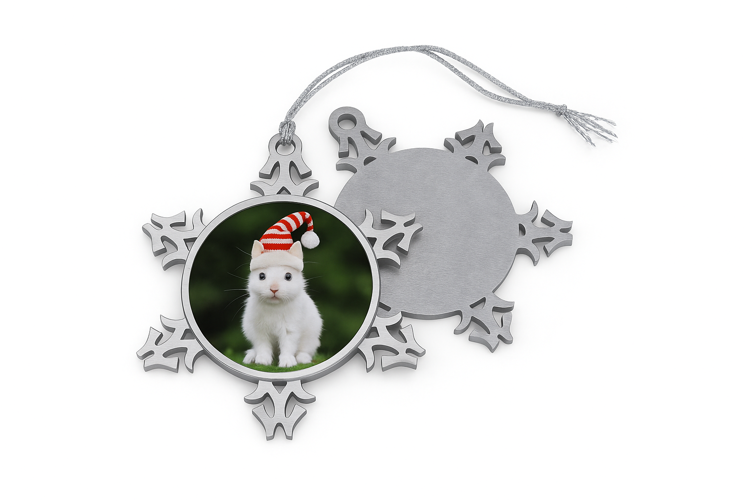 Printify Snowflake Pet Ornament silver snowflake photo ornament featuring white rabbit in red Santa hat hanging