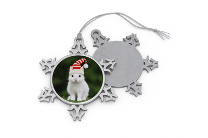 Printify Snowflake Pet Ornament silver snowflake photo ornament featuring white rabbit in red Santa hat hanging