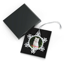 Snowflake Pet Ornament silver snowflake photo ornament showing white cat photo in black gift box with silver string