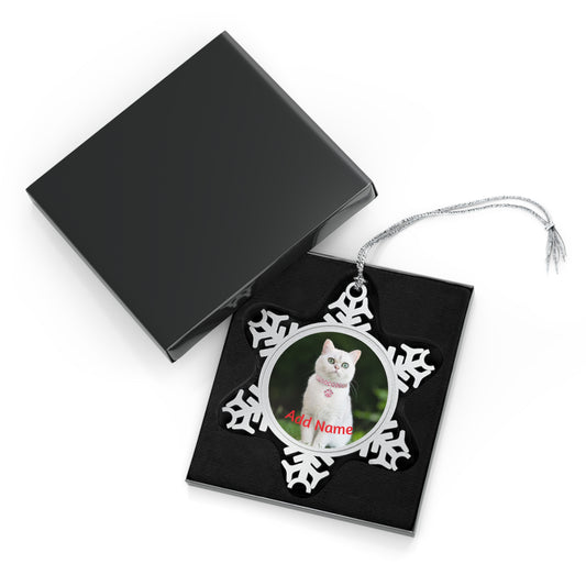 Snowflake Pet Ornament silver snowflake photo ornament showing white cat photo in black gift box with silver string