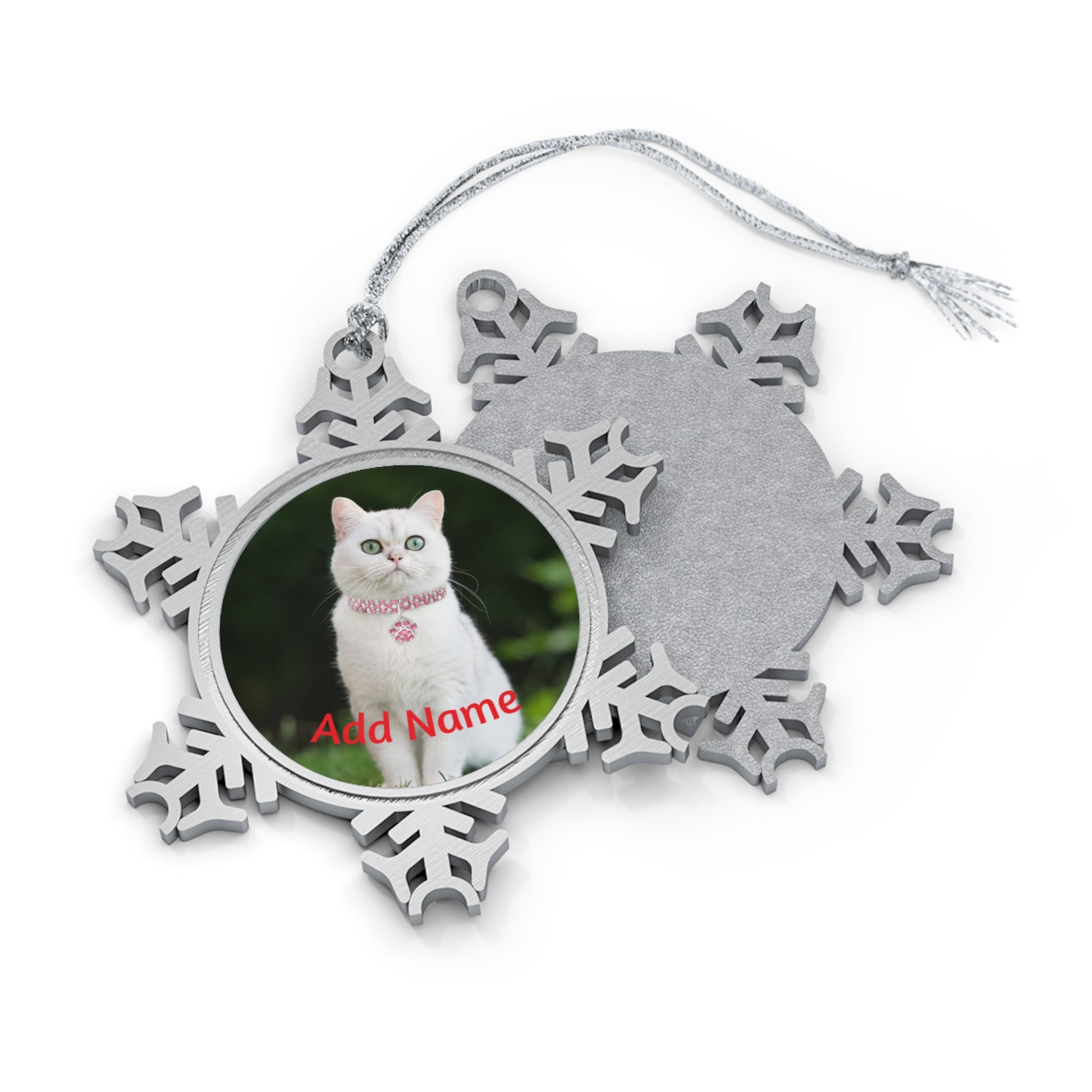 Printify Snowflake Pet Ornament personalized with white cat photo and red Add Name text