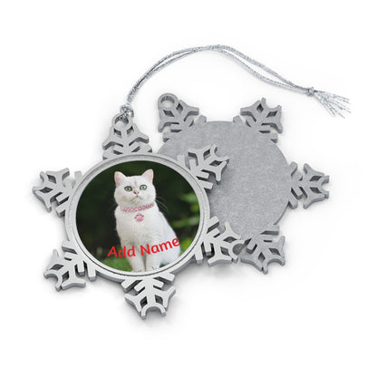 Printify Snowflake Pet Ornament personalized with white cat photo and red Add Name text