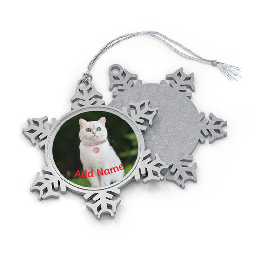 Printify Snowflake Pet Ornament personalized with white cat photo and red Add Name text