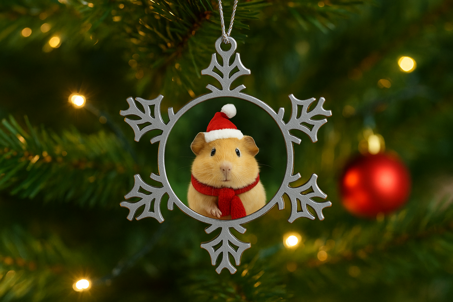 Snowflake Pet Ornament showing metal snowflake frame with a small hamster in Santa hat and red scarf on Christmas tree