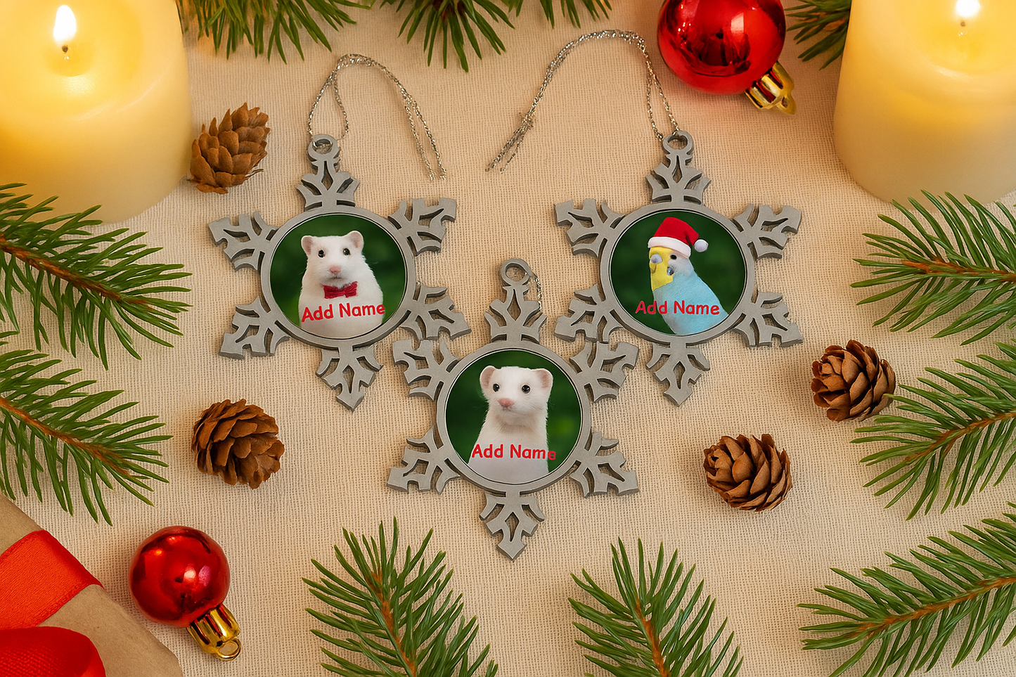 Snowflake Pet Ornament trio with customizable photo frames showing white ferret mockup on holiday table