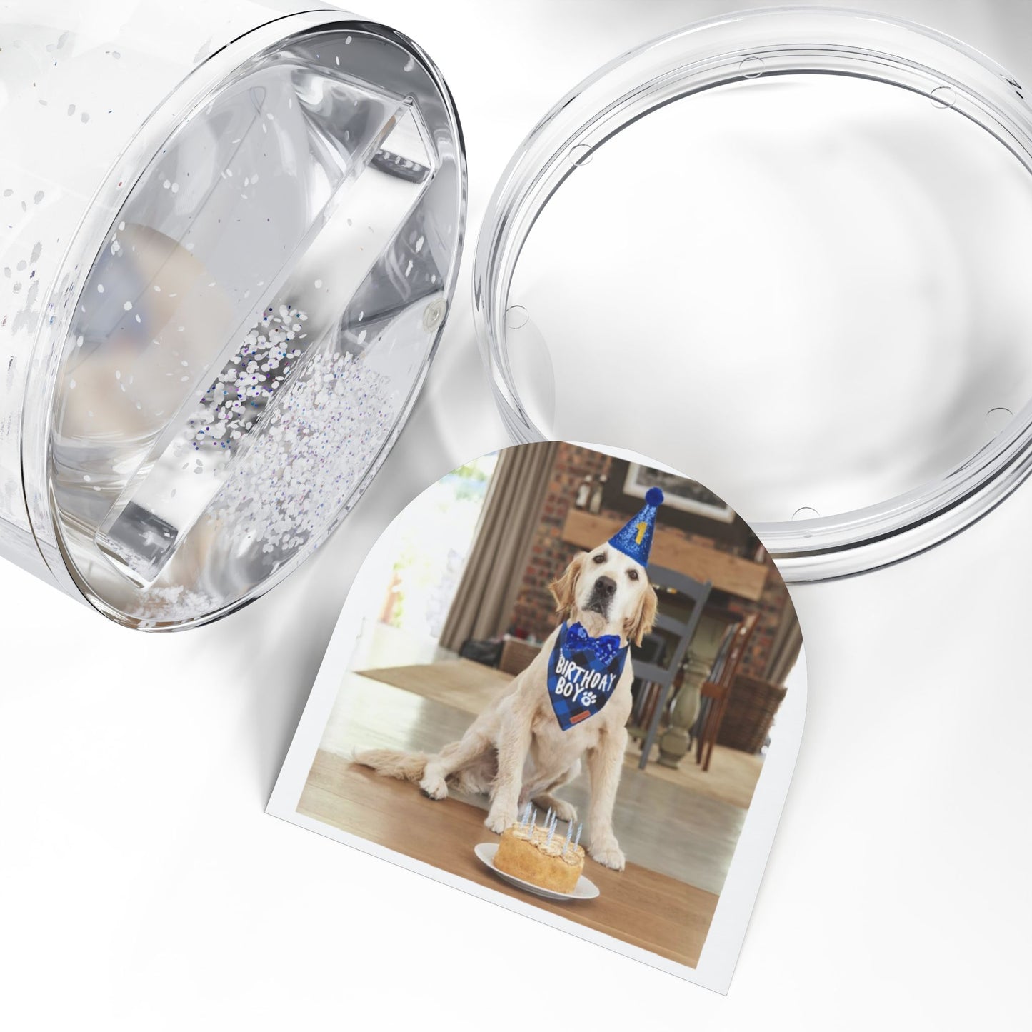 Printify Pet Keepsake Snow Globe with photo of golden retriever wearing birthday hat and cake