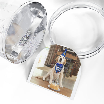Printify Pet Keepsake Snow Globe with photo of golden retriever wearing birthday hat and cake