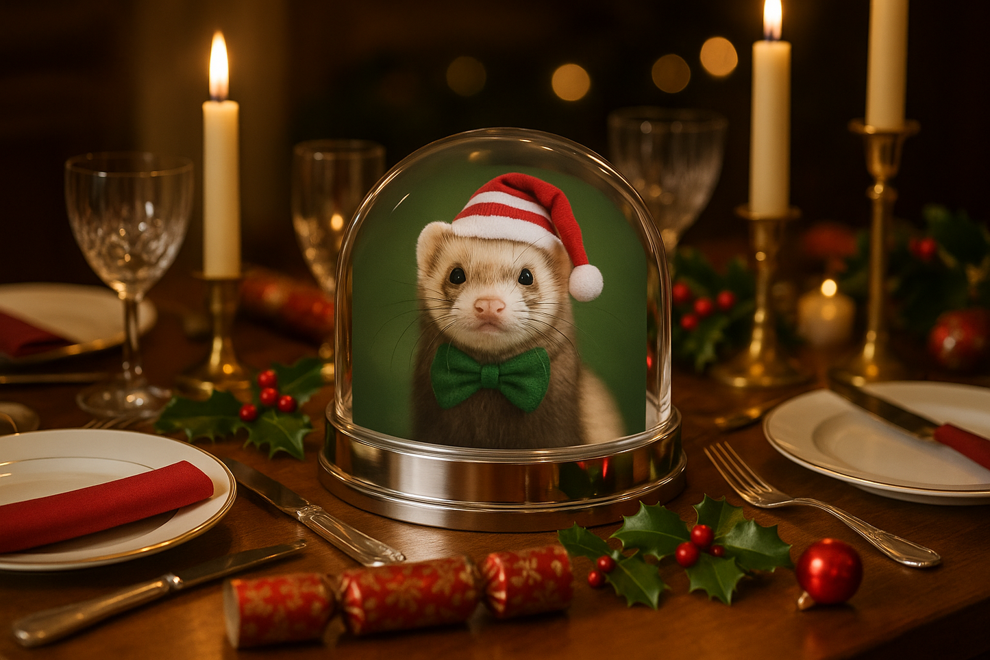 Pet Keepsake Snow Globe featuring a ferret in Santa hat and green bow on a festive holiday dining table