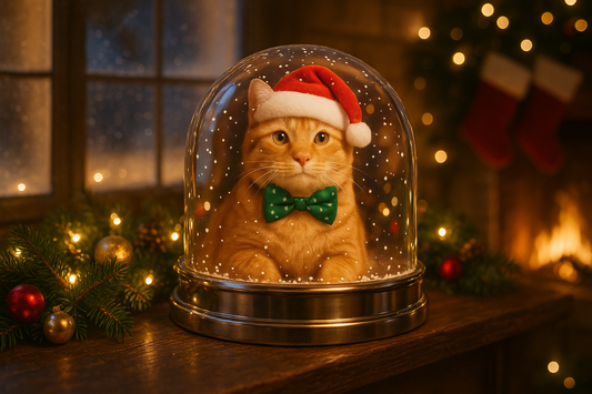 Printify Pet Keepsake Snow Globe with orange cat in Santa hat and green bow tie on festive mantel