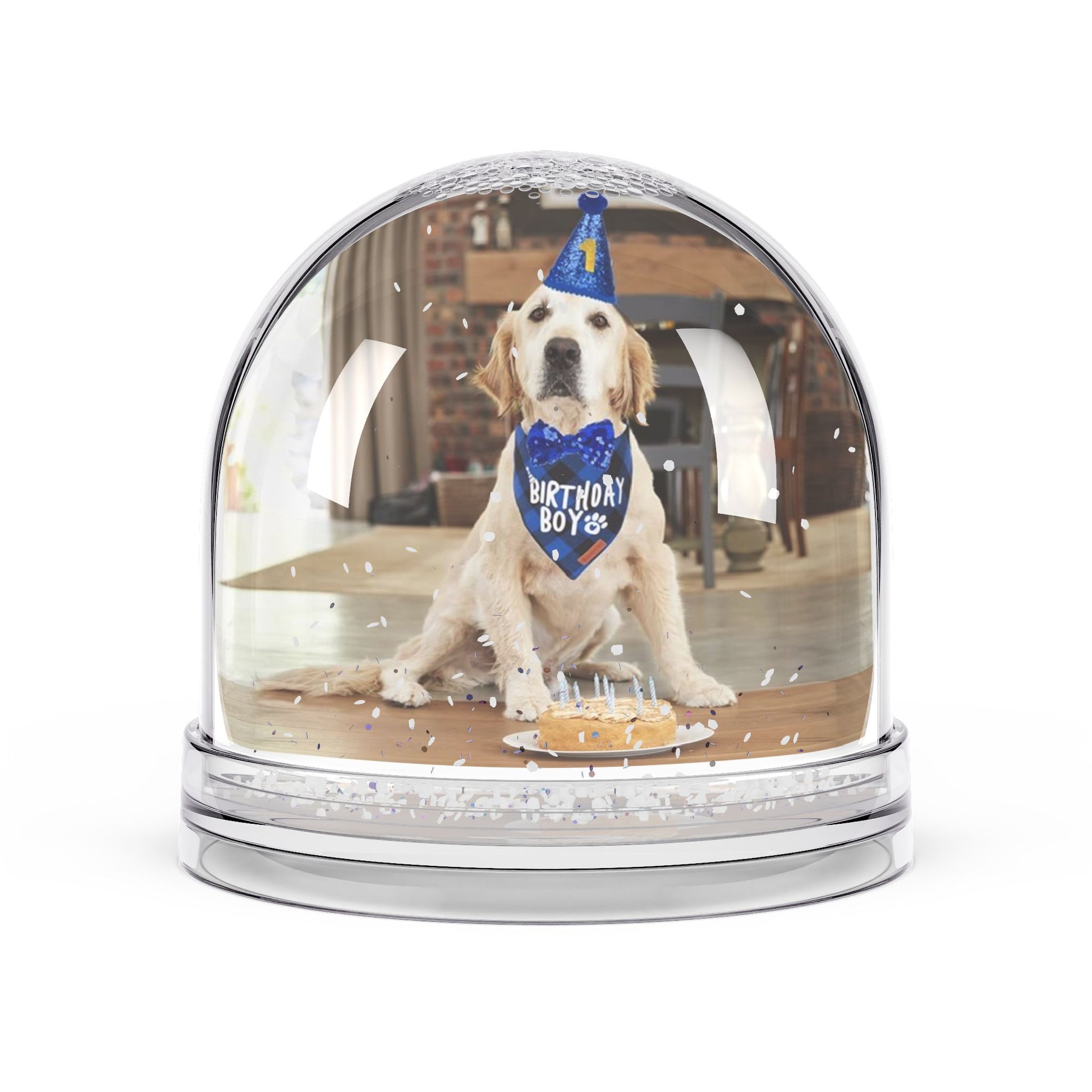 Pet Keepsake Snow Globe showing golden retriever in birthday hat and bandana with cake inside