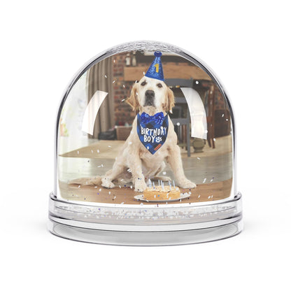 Pet Keepsake Snow Globe showing golden retriever in birthday hat and bandana with cake inside