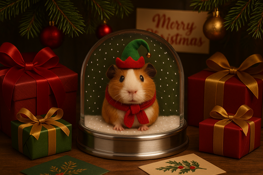 Printify Pet Keepsake Snow Globe with a guinea pig in elf hat and scarf on holiday table with gifts