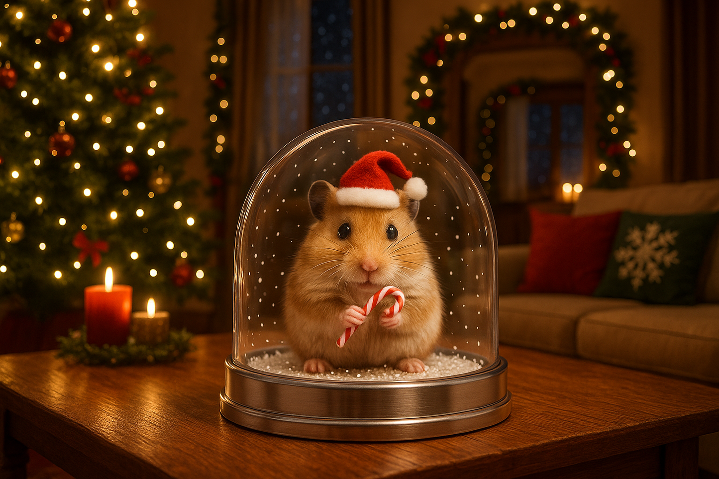 Printify Pet Keepsake Snow Globe featuring a hamster in a Santa hat holding a candy cane on a wooden table holiday living room