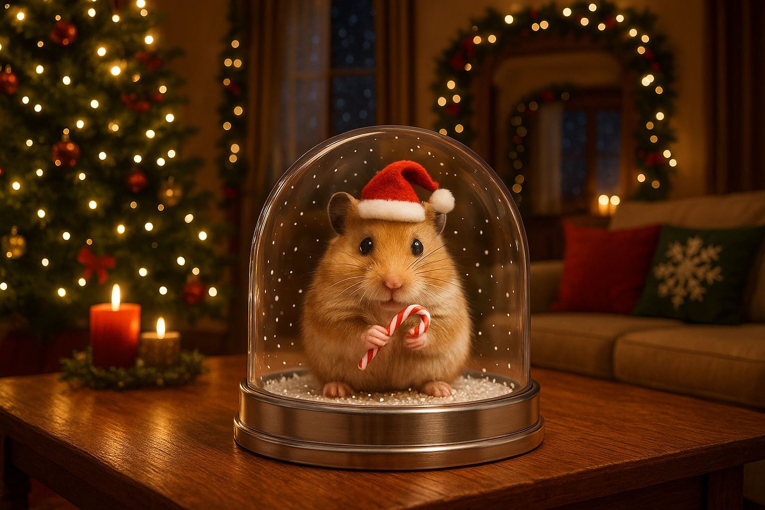 Printify Pet Keepsake Snow Globe featuring a hamster in a Santa hat holding a candy cane on a wooden table holiday living room
