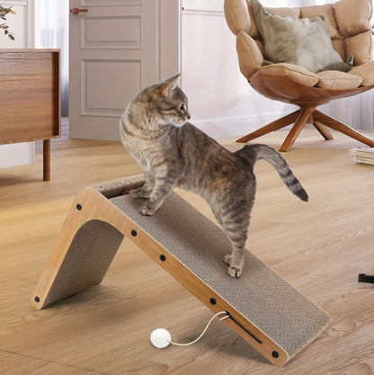 Wefulfil large cat scratching board with tabby cat on angled wooden frame and corrugated surface in living room