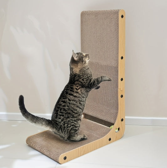 Wefulfil large cat scratching board L shaped wooden frame with corrugated cardboard surface and tabby cat stretching