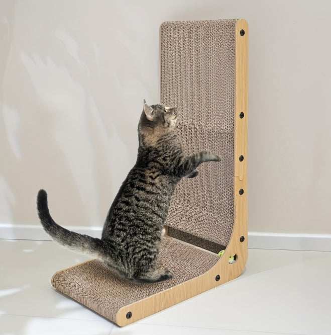Wefulfil large cat scratching board L shaped wooden frame with corrugated cardboard surface and tabby cat stretching