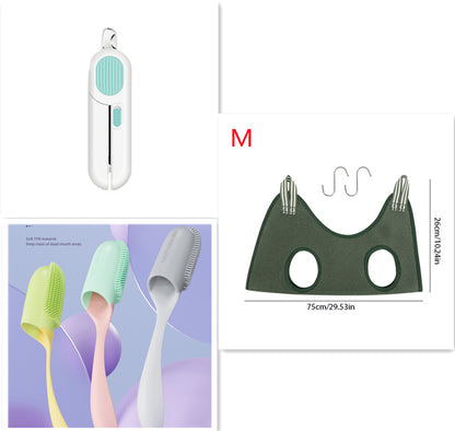 Wefulfil LED pet nail clippers with pastel silicone grooming brushes and protective pet harness cover