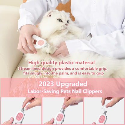 Wefulfil LED pet nail clippers trimming a fluffy white cat paw showing ergonomic grip and LED light