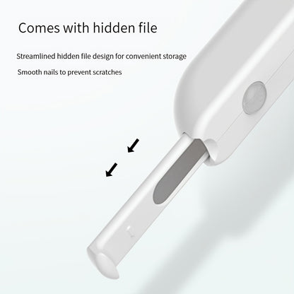 White Wefulfil LED pet nail clippers close up showing hidden retractable nail file for safe trimming