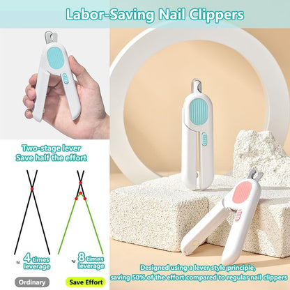 Wefulfil LED pet nail clippers white with teal and pink grips showing lever style two stage design saves effort