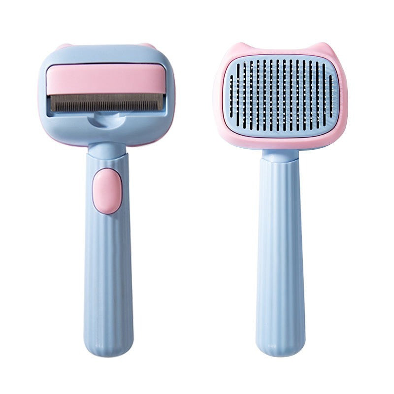 Wefulfil pet deshedding brush for dogs and cats dual sided blue and pink grooming tool with ergonomic handle