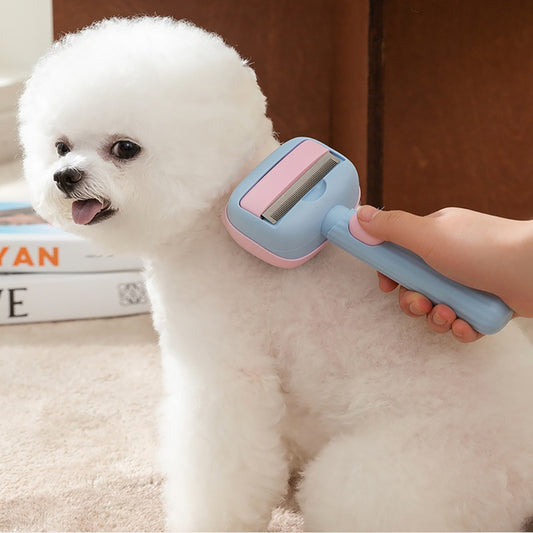 Wefulfil pet deshedding brush for dogs and cats being used on fluffy white Bichon Frise on carpet