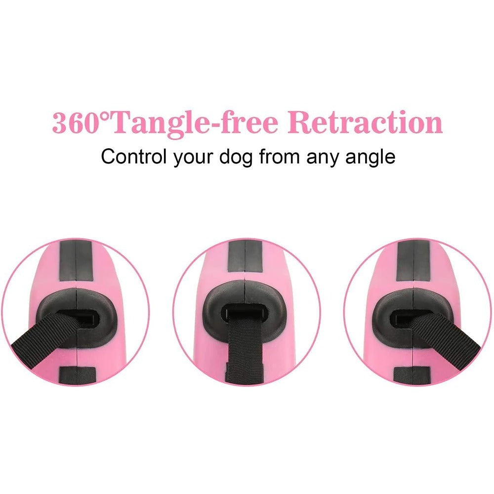Wefulfil pink Retractable Dog Leash showing 360 degree tangle free retraction mechanism