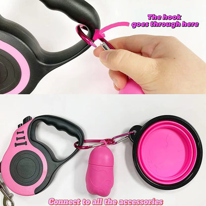 Wefulfil Retractable Dog Leash in pink and black with ergonomic handle carabiner collapsible travel bowl and waste bag dispenser