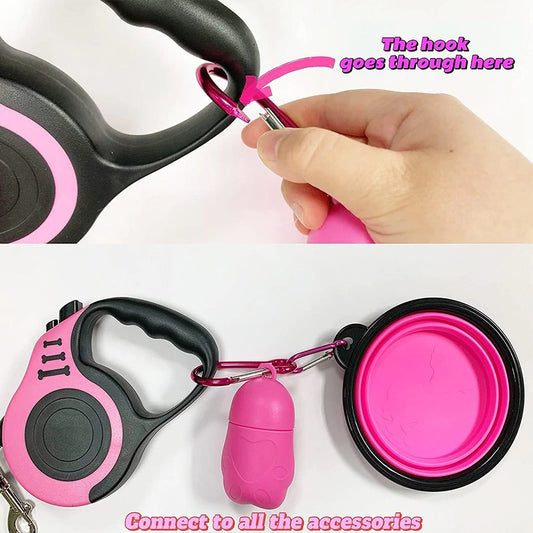 Wefulfil Retractable Dog Leash in pink and black with ergonomic handle carabiner collapsible travel bowl and waste bag dispenser