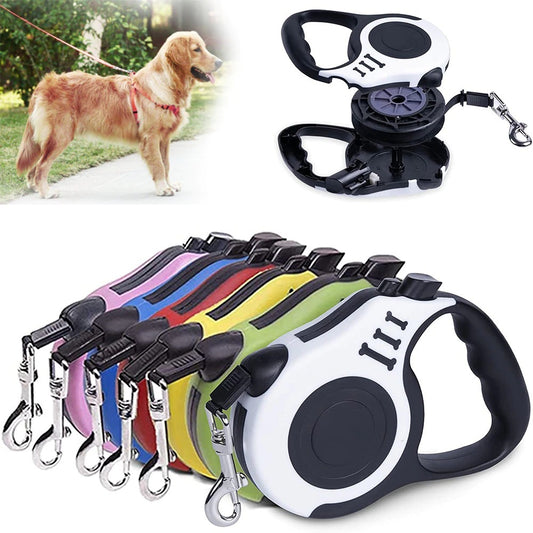 Wefulfil Retractable Dog Leash multiple color options ergonomic handle metal clip shown with golden retriever