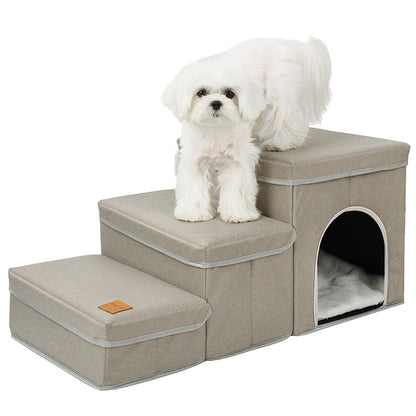 Wefulfil beige foldable dog stairs with storage and hideaway pet bed three step soft stairs for small dogs