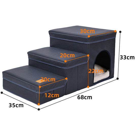 Wefulfil foldable dog stairs with storage three step navy fabric pet stairs with built in cubby