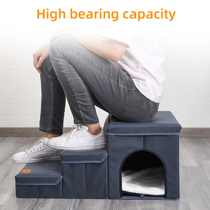 Wefulfil foldable dog stairs with storage navy fabric cube bed and stairs shown with person sitting to show high bearing capacity