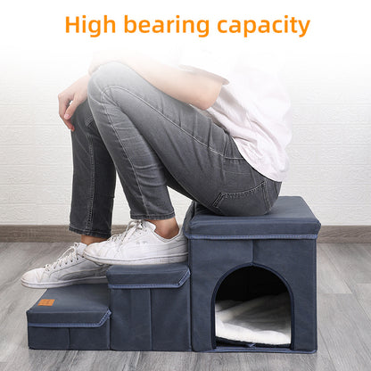 Wefulfil foldable dog stairs with storage navy fabric cube bed and stairs shown with person sitting to show high bearing capacity