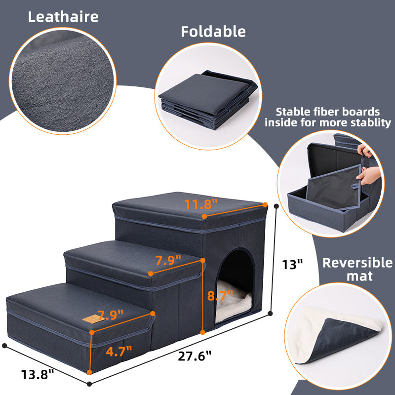 Wefulfil foldable dog stairs with storage in gray faux leather with hidden cubby and reversible soft mat