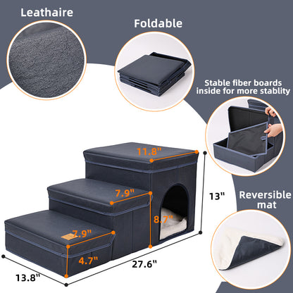 Wefulfil foldable dog stairs with storage in gray faux leather with hidden cubby and reversible soft mat