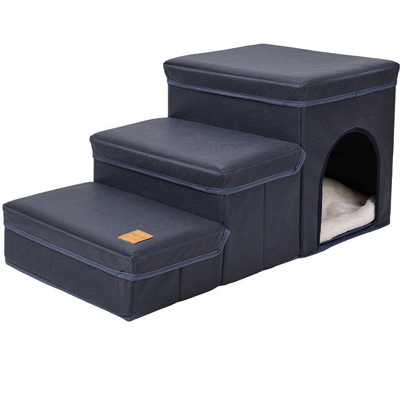 Wefulfil foldable dog stairs with storage navy fabric three step pet stairs with hidden cubby bed