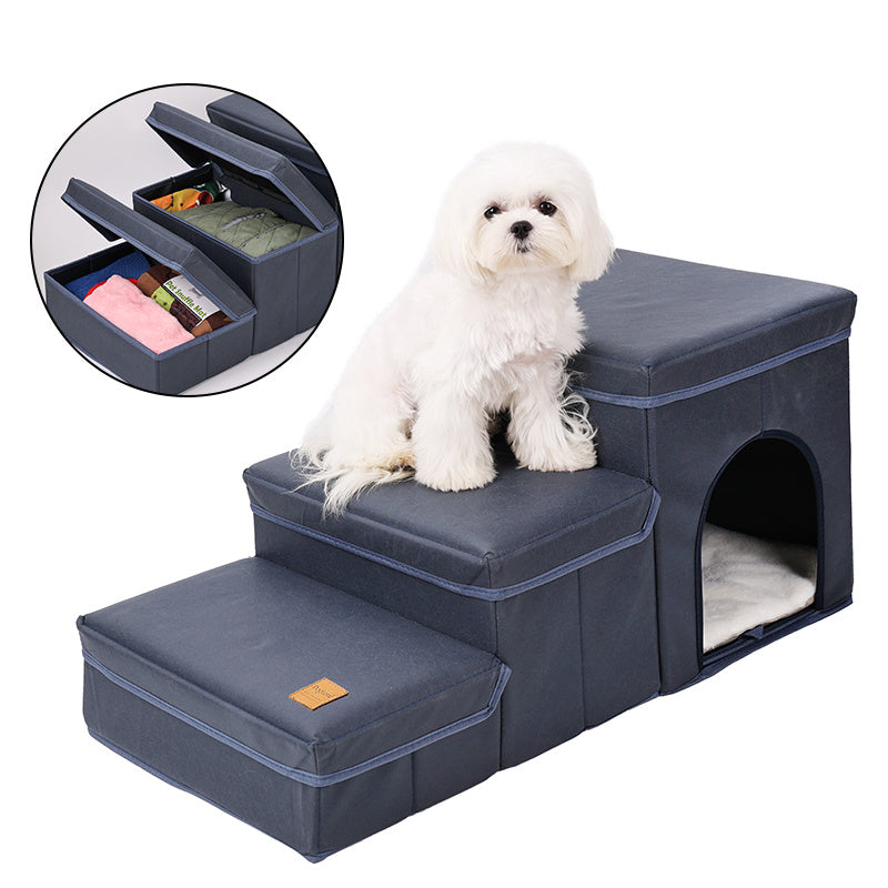 Wefulfil foldable dog stairs with storage navy pet steps and side hideaway den with small white dog