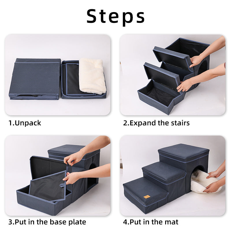 Wefulfil foldable dog stairs with storage step by step assembly showing unpack expand insert base plate and mat