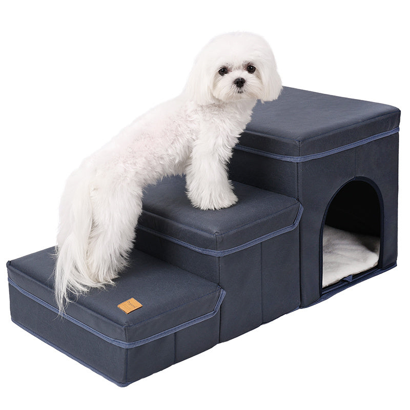 Wefulfil foldable dog stairs with storage navy gray pet steps with built in cubby bed