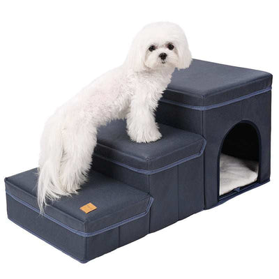 Wefulfil foldable dog stairs with storage navy gray pet steps with built in cubby bed