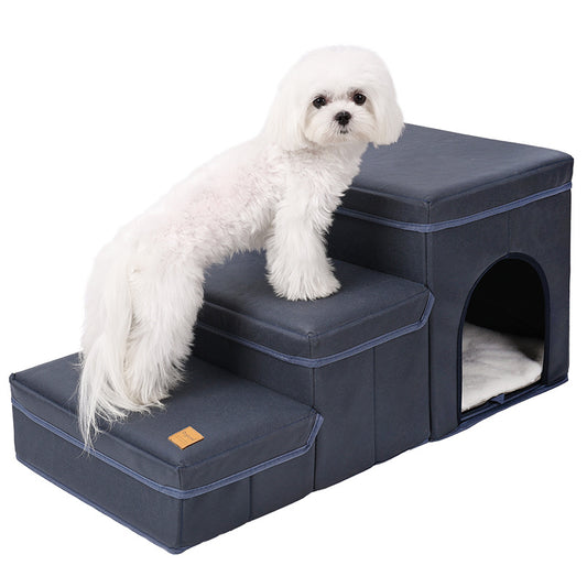 Wefulfil foldable dog stairs with storage navy gray pet steps with built in cubby bed