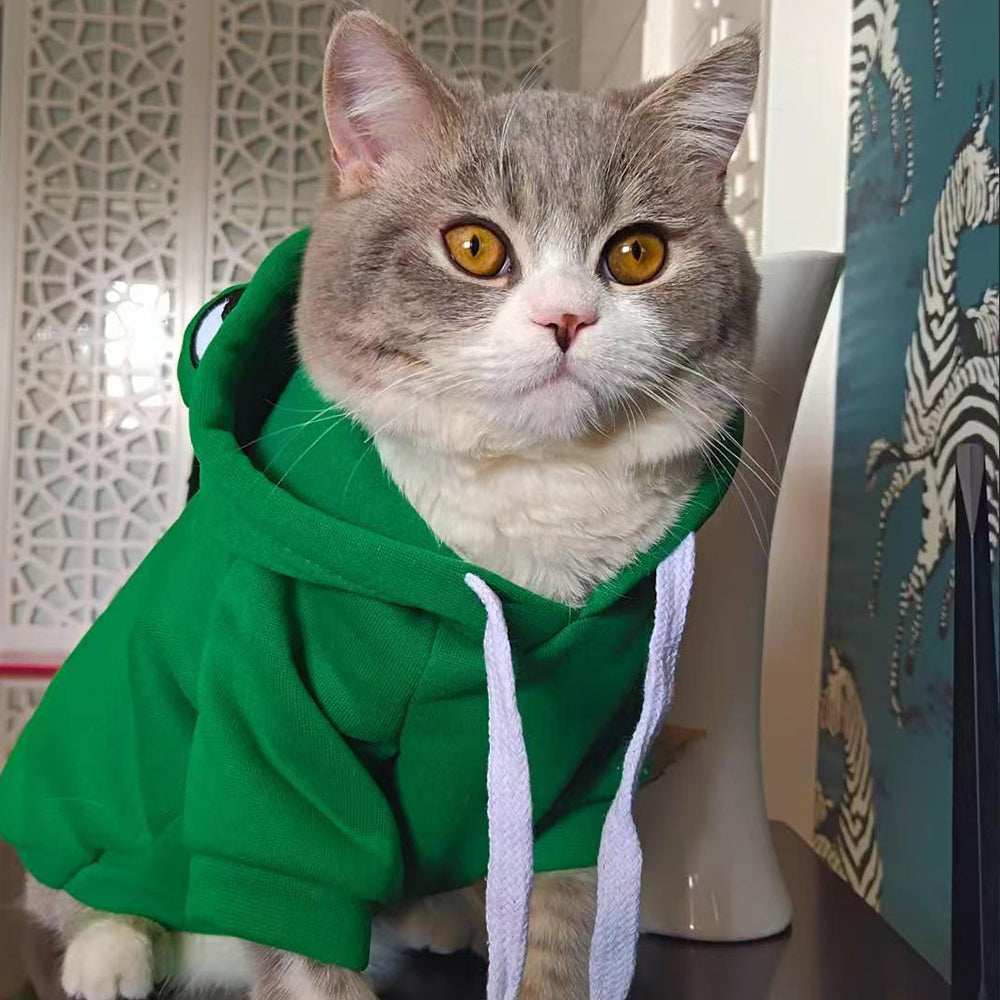 Adorable Frog Halloween Costume cat hoodie by Dropshipman soft green fleece hood with eyes and white drawstrings for photos