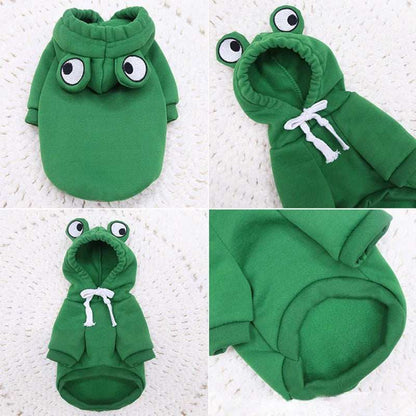 Adorable Frog Halloween Costume green pet hoodie with frog eyes hood and white drawstring by Dropshipman