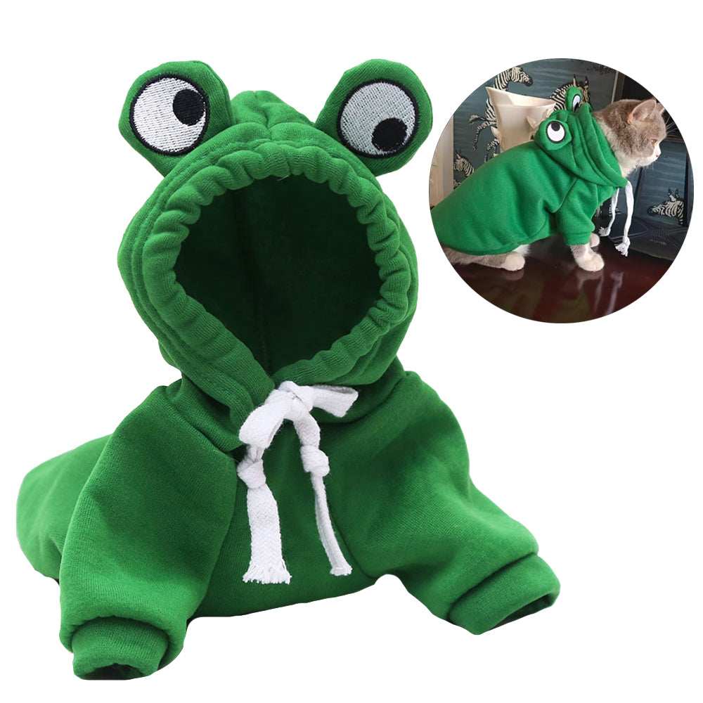 Adorable Frog Halloween Costume green fleece pet hoodie with frog eyes drawstring for cats by Dropshipman